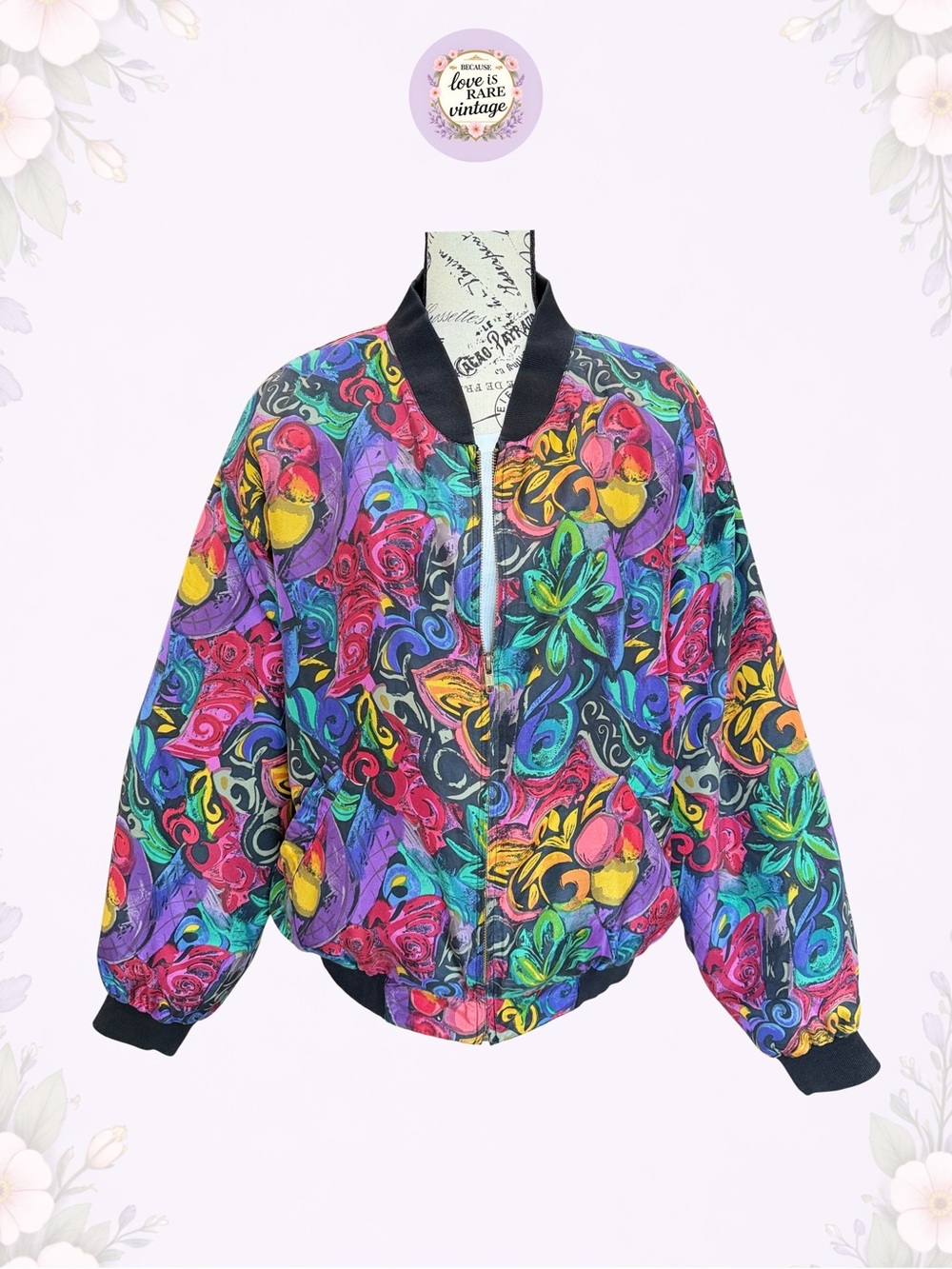 Vintage Silk Bomber Jacket in a Multicolor Floral Print • USA 1990s